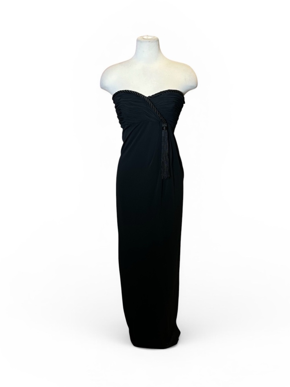 y2k Stanley Platos Draped Strapless Tassel Silk Jersey Gown Formal Dress